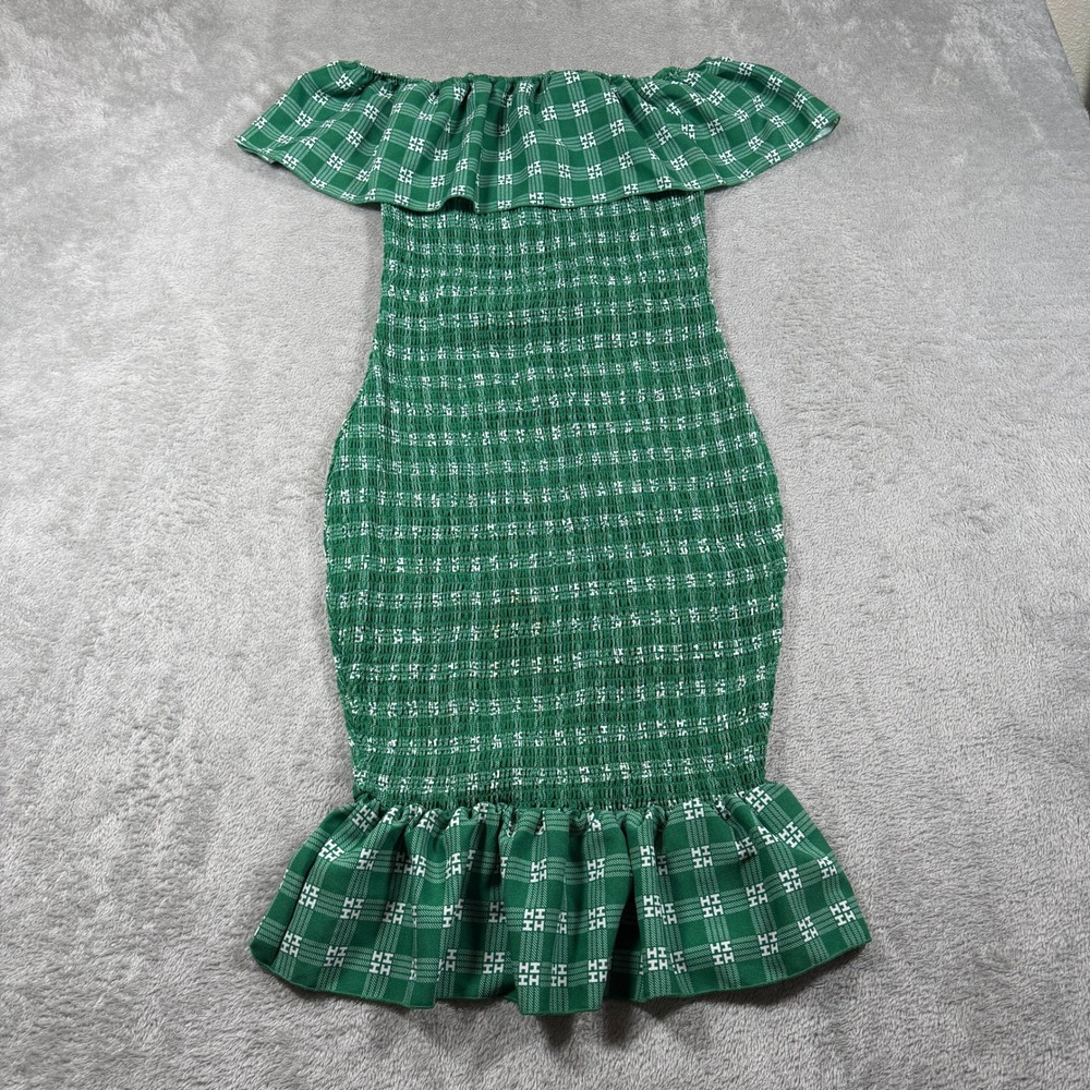Hawaii HI Finest Palaka Dress Women Small Green Smocked Off Shoulder Ruffle Hem